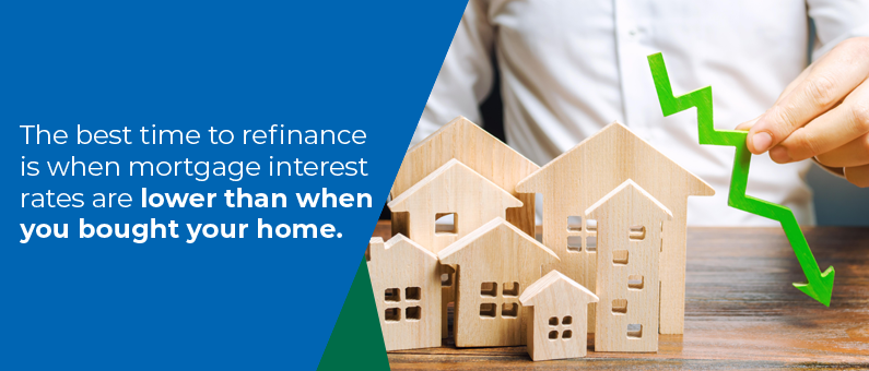 The best time to refinance is when mortgage interest rates are lower than when  you bought your home. - Image of wooden homes and a down arrow indicating rates getting lower
